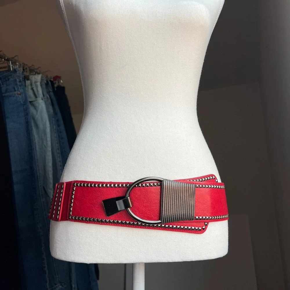 Y2K Studded Asymmetrical Elastic Cinch Waist Belt Statement Red Punk Thick Wide